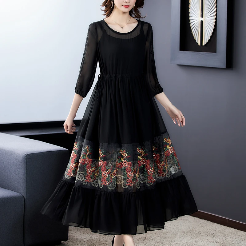 Женское черное Сетчатое элегантное платье макси с цветочной вышивкой весеннее