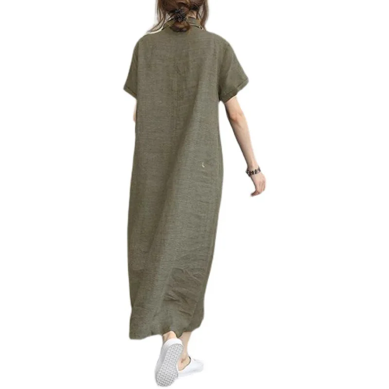 

New Women Casual Basic Summer Cotton Linen Dress Short sleeve Plus Size S~5XL