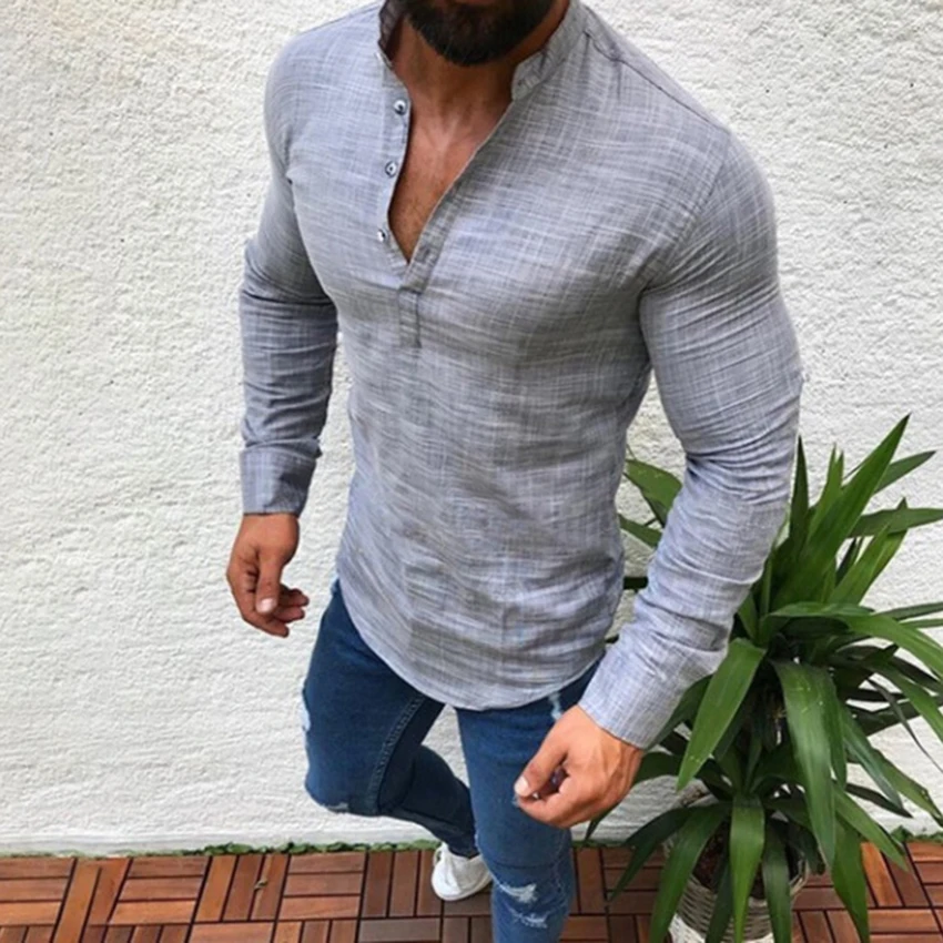 

New Autumn Men Casual Linen Shirt Solid Color Turn-Down Collar Long Sleeve Gentleman Fitness Shirts Stylish Men Shirt Clothes