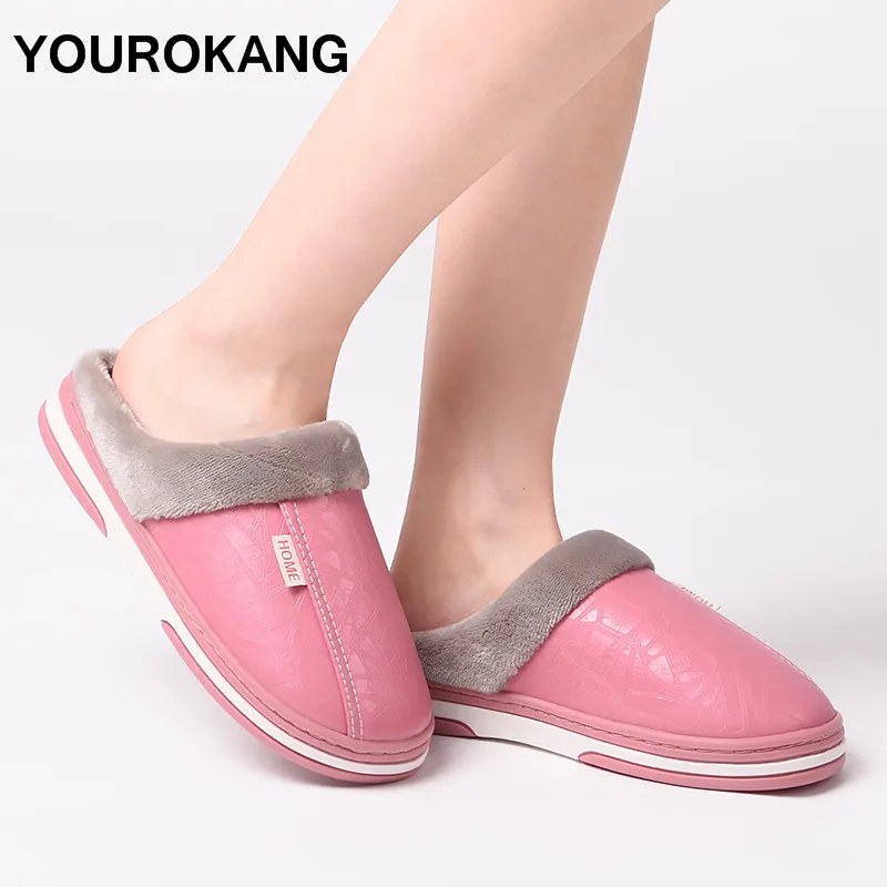 Couple Home Slippers Winter PU Leather Women Plush Slippers For Lovers Plus Size Indoor Warm Furry Soft Floor Female House Shoes