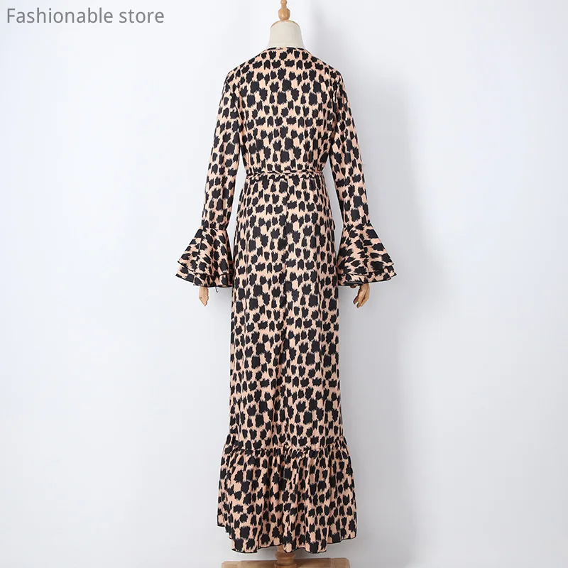 

Long Sleeve Leopard Print Deep V Neck Tie Waist Long Dress Women Sexy Butterfly Sleeve Maxi Dress