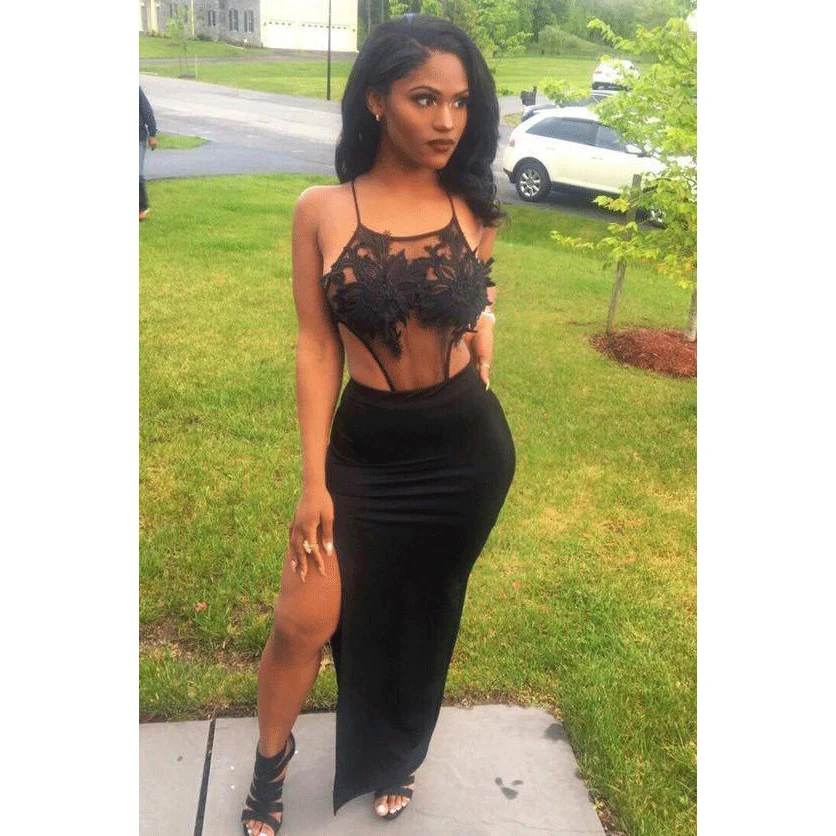 Split Black See Through Long Cocktail Dress Sexy Cut Out Lace Applique Spaghetti Strap Satin Party Formal Gowns Custom made burgundy see through lace insert cut out halter mini dress