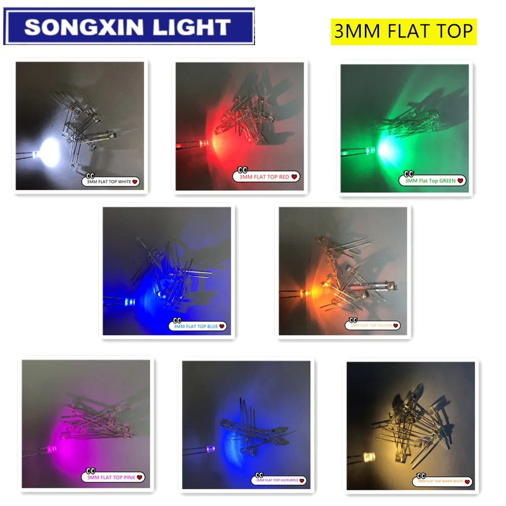 1000 шт. LED F3 3 мм ультраяркая Плоская верхняя головка белая красная синяя оранжевая