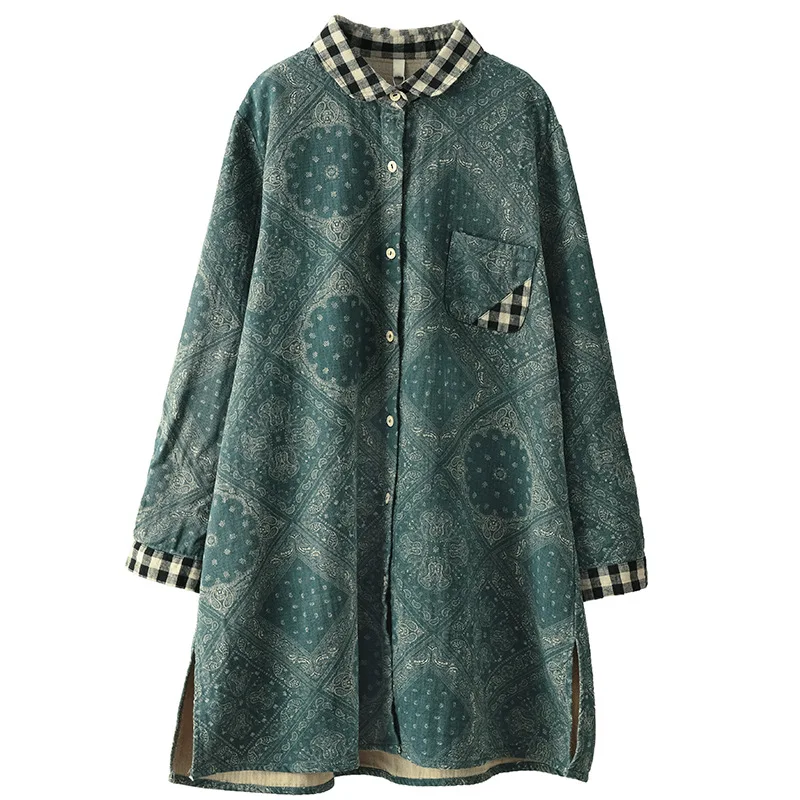 

2021 New Women Clothing Vintage Plaid Turn Down Collar Long Sleeve Loose 100% Cotton Shirt Women's Blouse Top