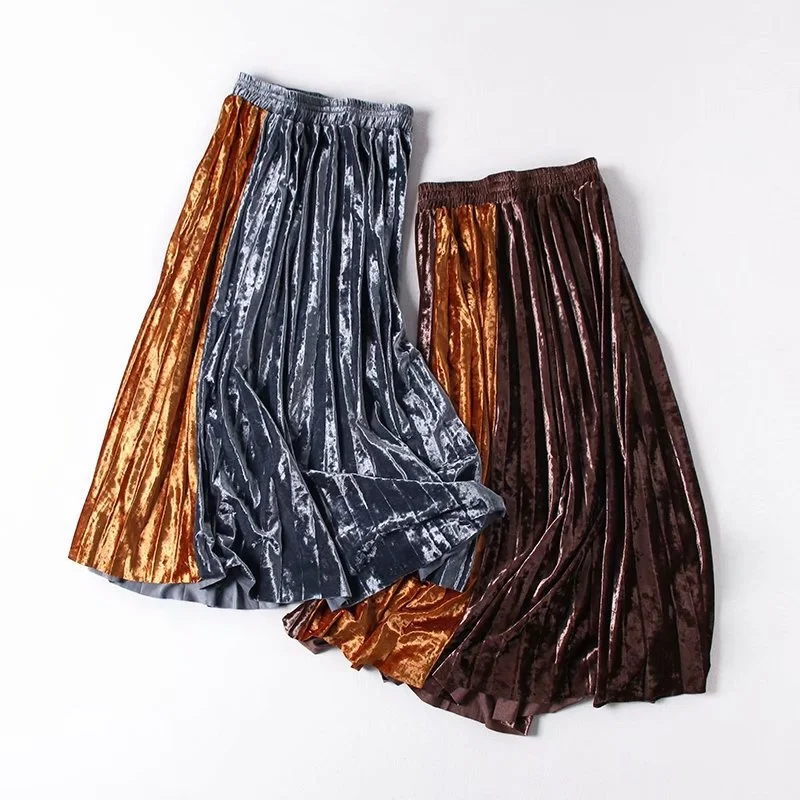 

2021 Autumn New Women Velvet Pleated Skirts High Waist Color Contrast Woman Mid-Calf Skirts Fashion Casual Lady A-line Skirts