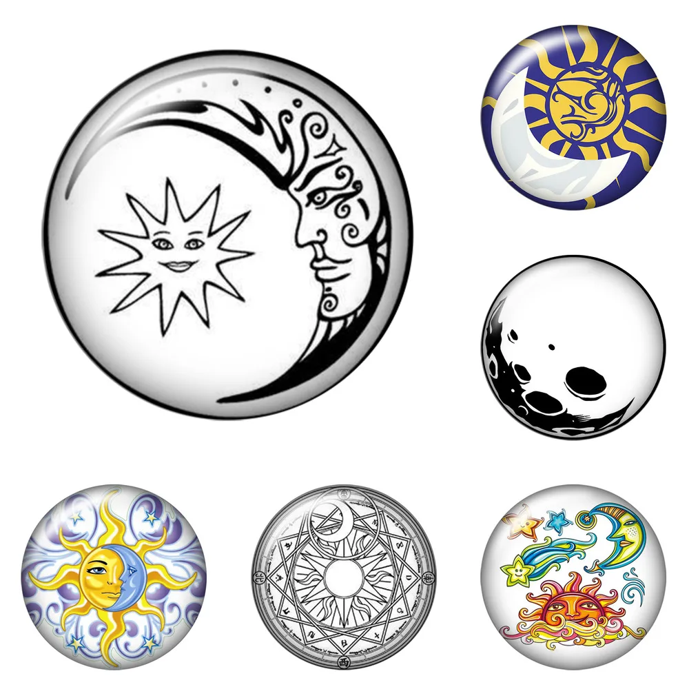 

12pcs/lot Fashion Sun Moon Stars 12mm/18mm/20mm/25mm Round Photo Glass Cabochon Demo Flat Back Making Findings Zb0422