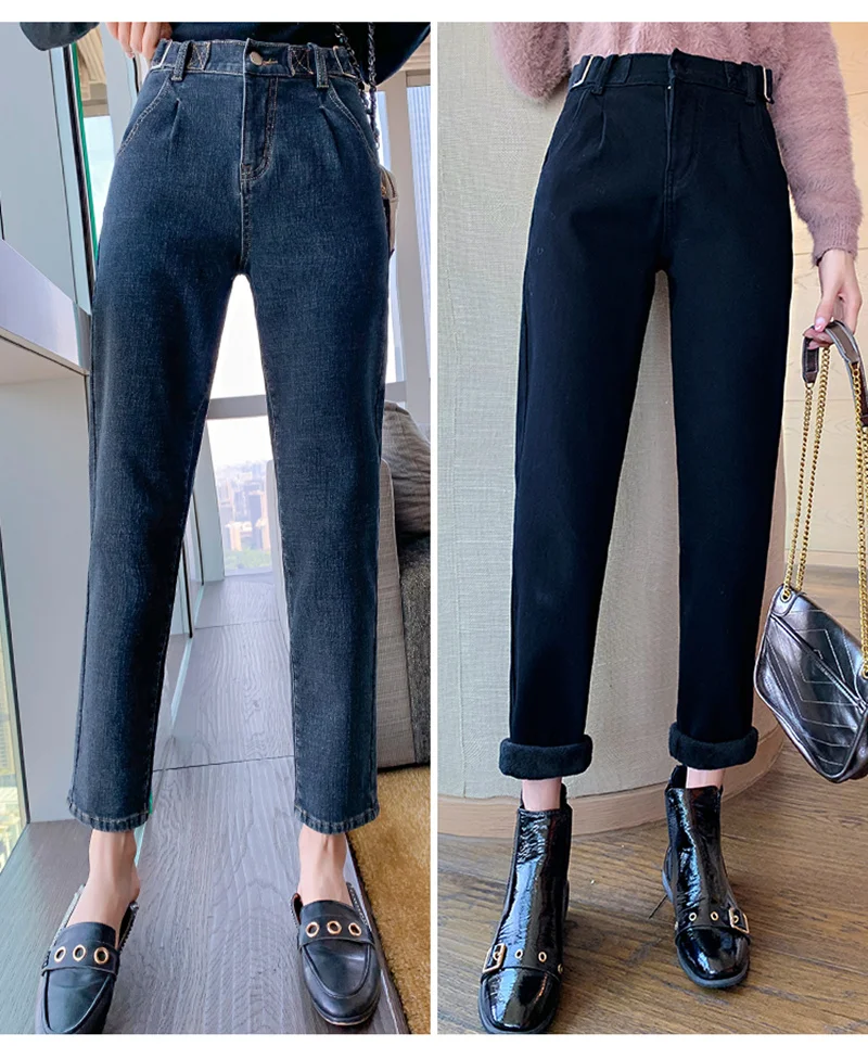 Женские джинсы с высокой талией REALEFT повседневные теплые брюки для офиса