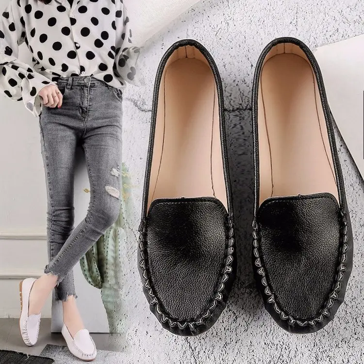

Casual Woman Shoe Round Toe Autumn Female Footwear Shallow Mouth Soft Summer Fall Dress New Basic PU Slip-On Leisure Lace-Up Sol