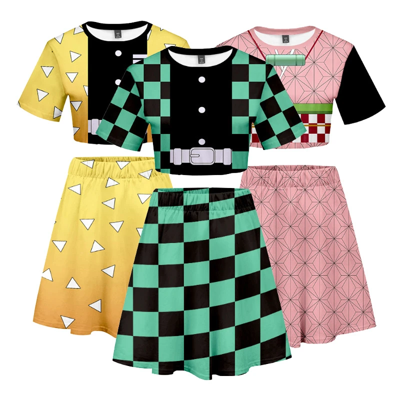 Anime Demon Slayer Kimetsu No Yaiba Cosplay Zenitsu Nezuko Kochou Shinobu Skirts Tshirt Suit Summer Costumes For Women CS307