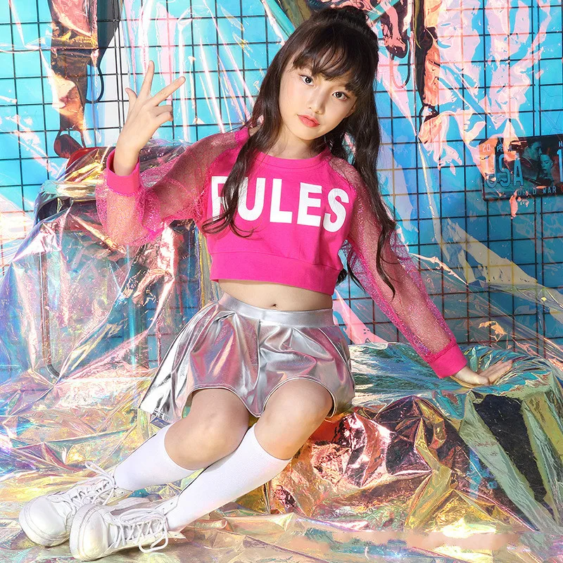 

5-12 year summer children clothes Kids hip-hop suit summer girls jazz cropped short skirt costumes jazz dance fashion letter top