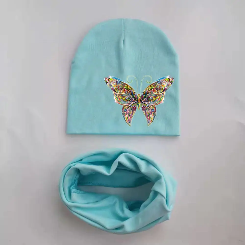butterfly light blue Детские шапки для девочек с мультяшным принтом; детская шапка; шапка для маленьких мальчиков; хлопковый Детский шарф с воротником; детская шапка; детская шапочка; шапки-бини - Цвет: butterfly light blue