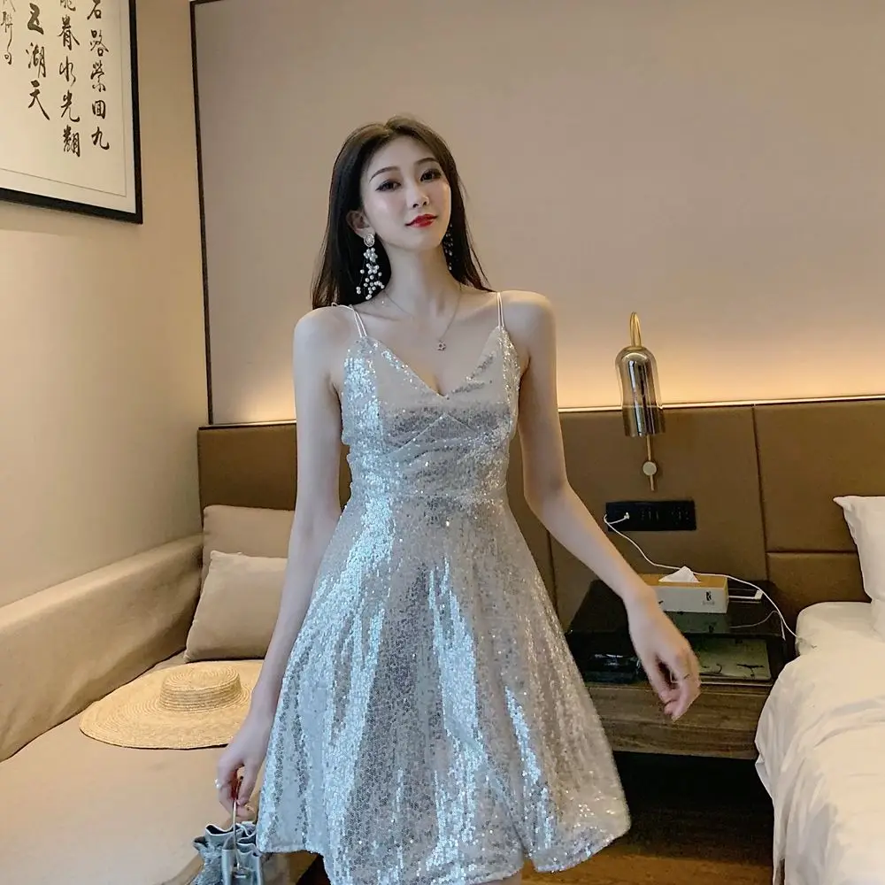 

Summer Women's Dress 2021 Sequins Sexy Backless Low Chest party dress Sleeveless V-Neck mini dress Ladies Dresses Short skirt