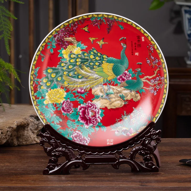 

Jingdezhen ceramic decorative plate bracket ornaments Chinese home wine cabinet handicraft hanging plate sitting plate viewing