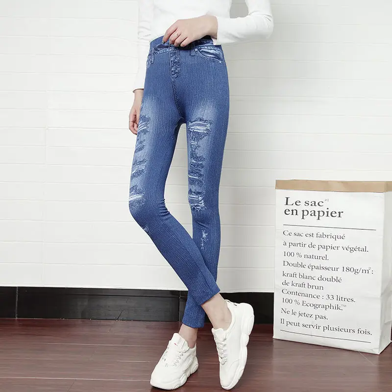 

2021 Denim Leggings for Women Spring High Rise Leggings Thin Printed Imitation Outer Wear Ankle-Length Pants Elastic Pants