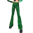 Брюки клеш с высокой талией, пикантная уличная одежда зеленого цвета с принтом огня, брюки-клеш в стиле панк, на лето