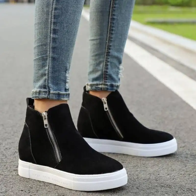 

Женские кроссовки, повседневная однотонная женская обувь на платформе, дышащая парусиновая обувь на молнии, удобная Осенняя обувь из флока ...