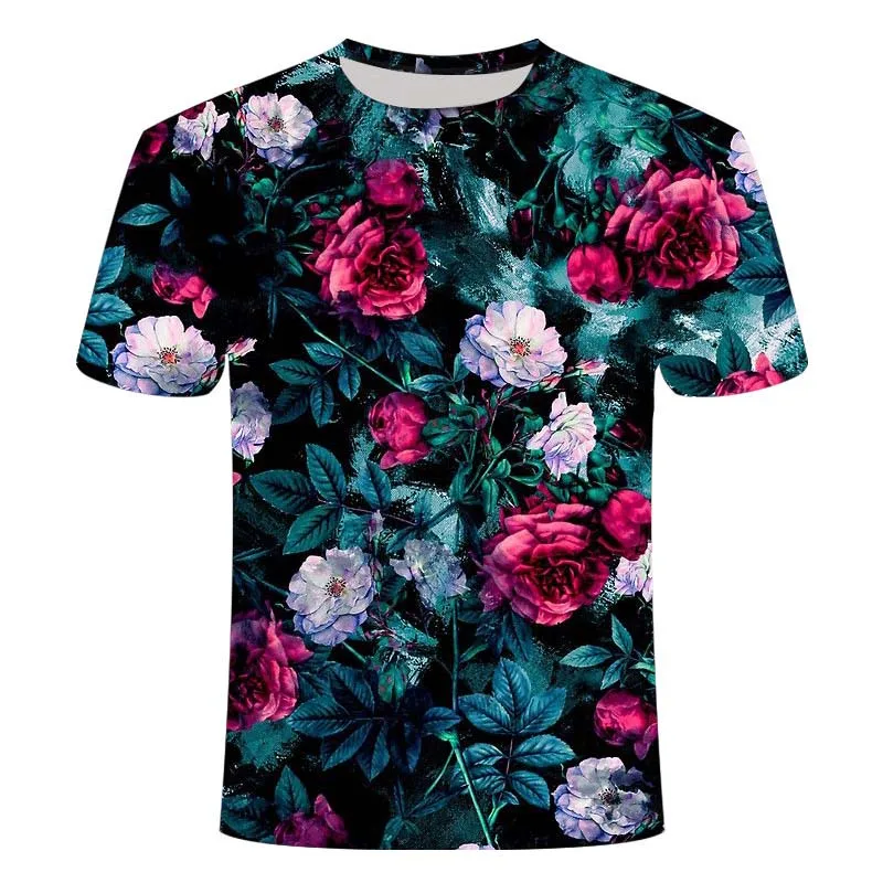 

2021 New Rose Flower 3D Printing T-shirt Men's Summer Fashion Casual Short-sleeved Shirt