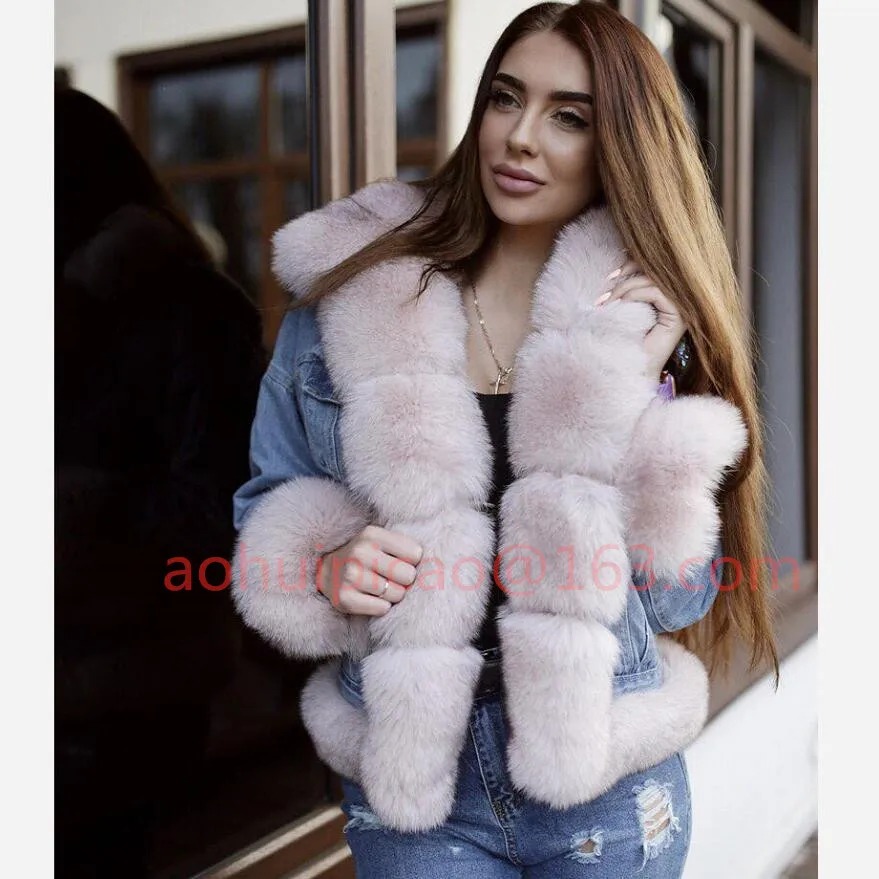 Cotton lining Женская новая джинсовая куртка с натуральным лисьим мехом и подкладкой из кроличьего меха, зимняя теплая Модная Толстая куртка с натуральным мехом, европейская уличная обувь s - Цвет: Cotton lining