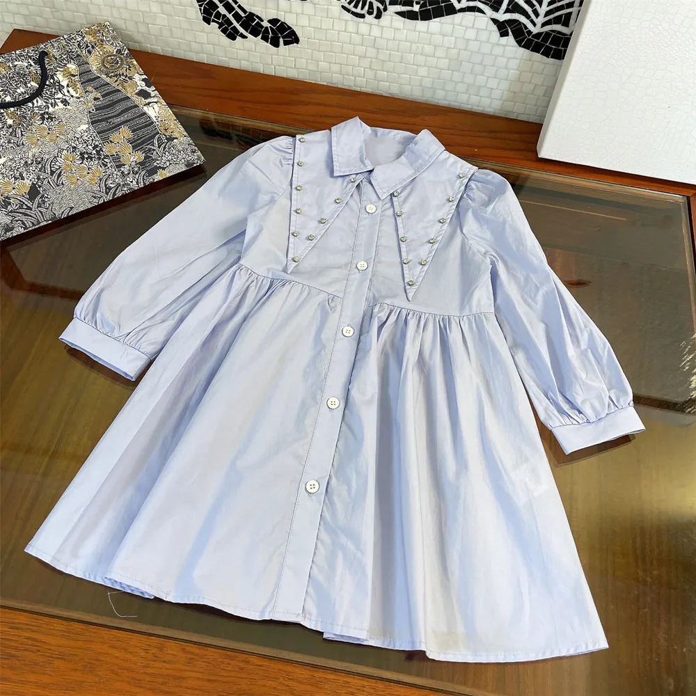 

Brand design girl's dress heavy industry brick inlaid single breasted high waist spring and autumn children's wear