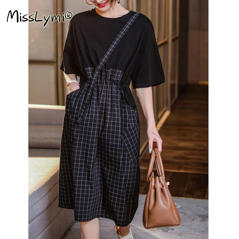 

4XL Plus Size Women Plaid Dress Summer 2021 Short Sleeve T shirt Patchwork Fake Two Piece Drawstring Waist Loose Casual Dresses