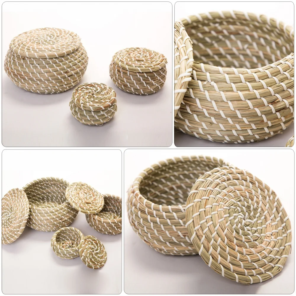 

1 Set Straw Hand Woven Storage Baskets Wicker Baskets with Lid (Assorted Color)