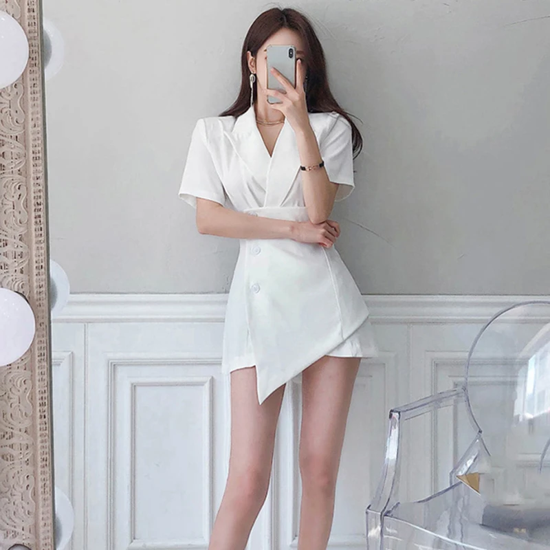 

Sexy Women office dress 2020 Summer Short Sleeve Buttons Bodycon Blazer Work Dress vestidos mujer