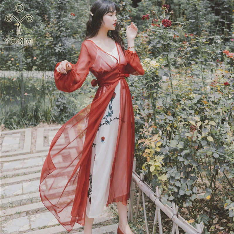 YOSIMI 2019 в винтажном стиле Сезон лето комплект одежды из двух предметов платье на