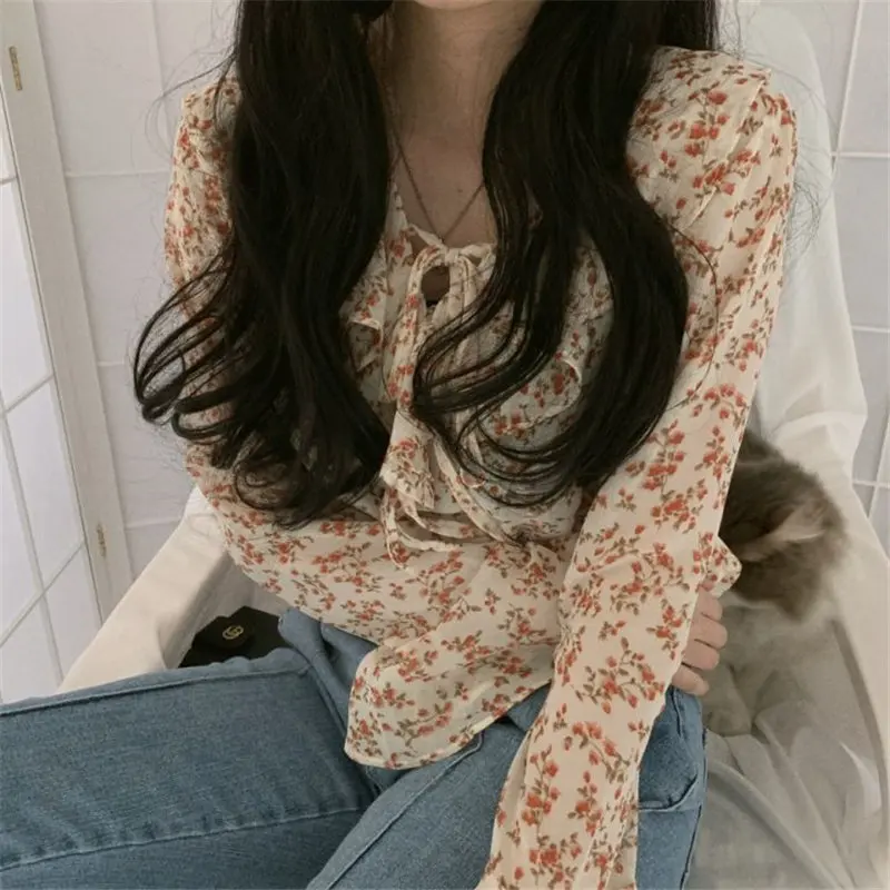 

HziriP Feminine Casual Streetwear Flare Sleeves Chiffon OL 2020 Floral Loose Vintage Women Print Female All-Match Cute Shirts