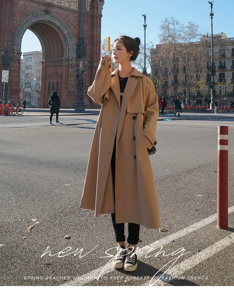 

Women's Khaki Windbreaker 2020 Autumn British-Style Popular Mid-Length Jacket Double Breasted Trench Coats With Belt