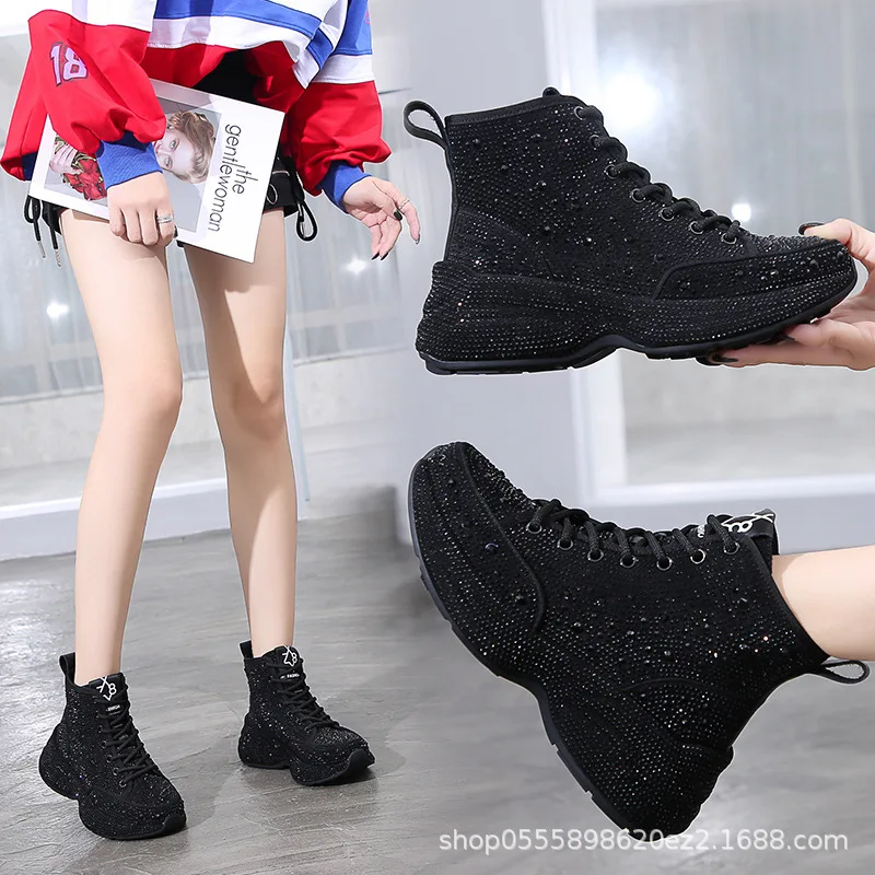 

2020 Autumn And Winter New Starry Sky Full Diamond High-Top Iace-Up Solid Color Casual Shoes Plus Cashmere Women's Shoes
