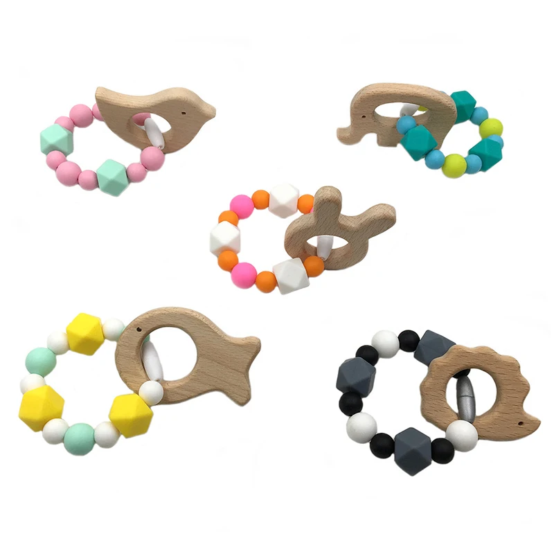 Baby Teether Wood Bird Animals Silicone Beads Pram Toy Nursing Bracelet Crib Toys Rattles |