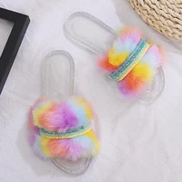 furry slides for women colorful fur shoes woman summer bling crystal outside big size flat transparent ladies jelly slippers