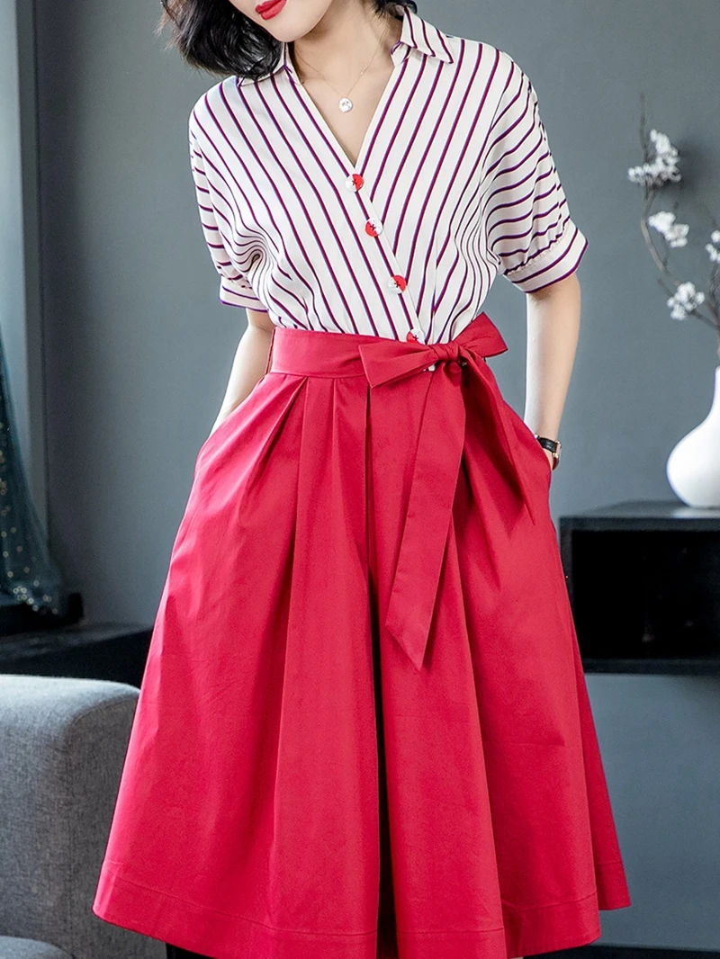 Платье-рубашка женское в полоску офисное длинное платье миди с полурукавами