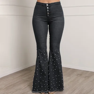 Серый Для женщин Высокая талия джинсы из денима, тянущиеся Бисер Boot Cut металлическая кнопка Femme плюс Размеры брюки - Цвет: Серый