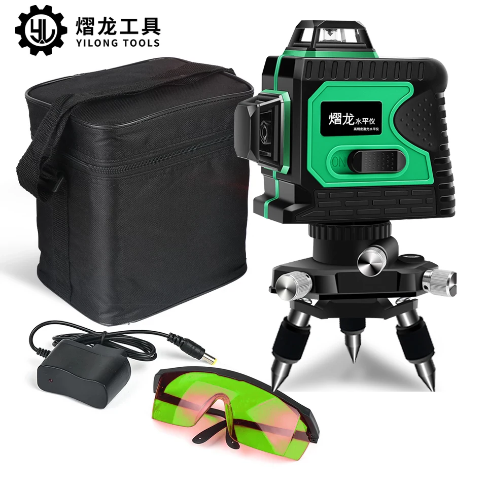 Зеленый лазерный уровень 12 линий 3d Горизонтальная и вертикальная поперечная