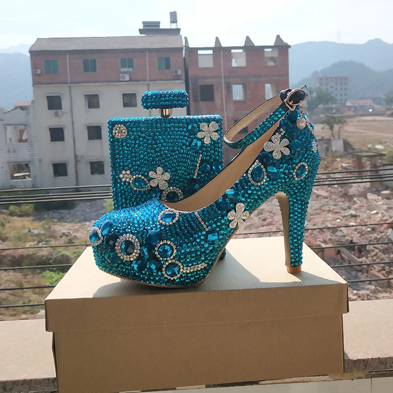 

BaoYaFang Luxury Bluish Green Crystal shoe and Bags set woman High heel Ladies Party shoes and purse Fashion Wedding shoes