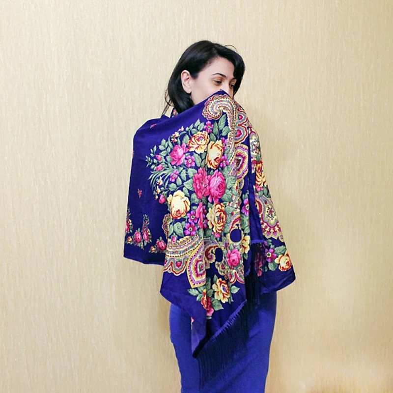 Women Scarf Winter Russian Ethnic Style Shawl Female Russian Babushka Hijab Floral Dupatta Ukrainian Polish Fringe Spain Scarves