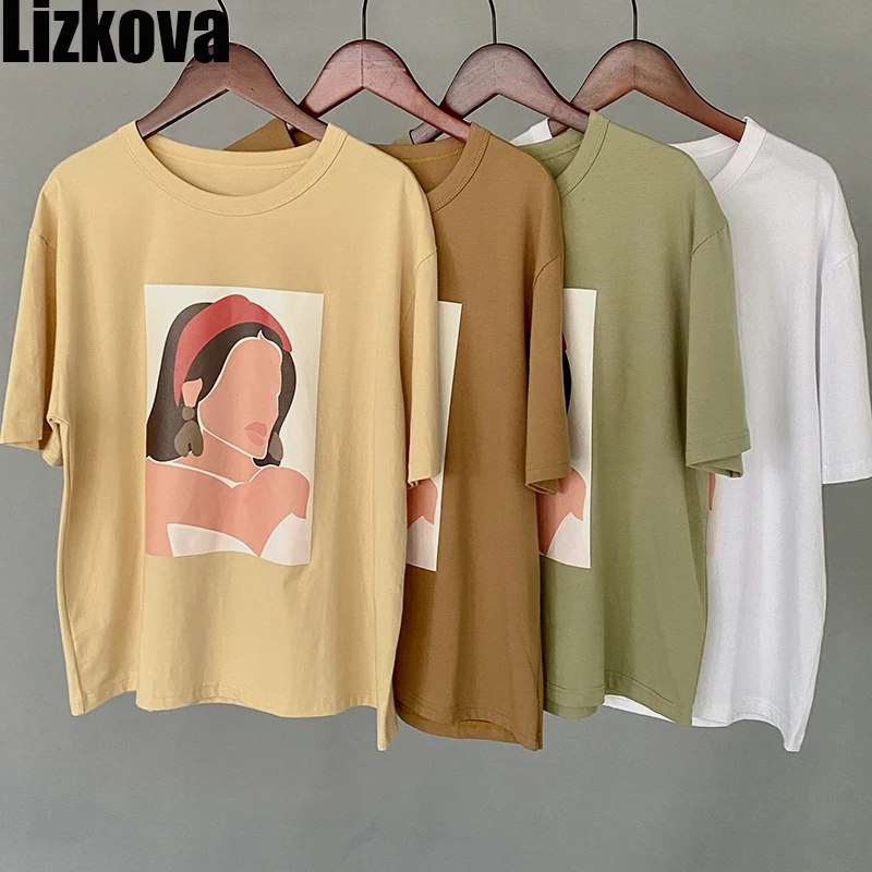 

Lizkova Summer Cotton TShirt Women 2021 Short Sleeve Shirt Vintgae Characters Print Harajuku O-neck Casual Tops