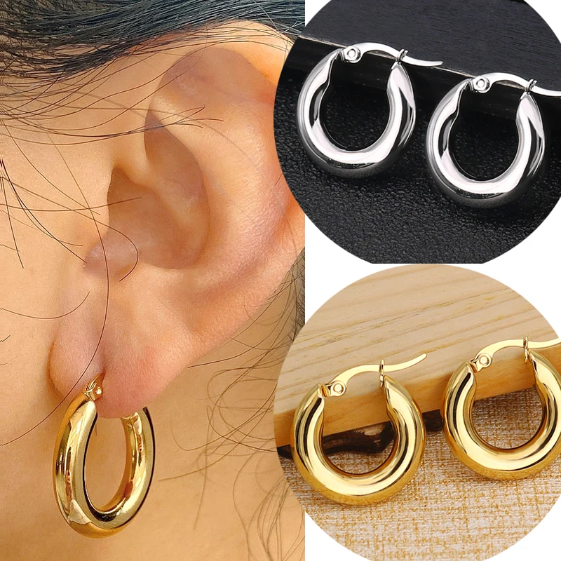 

Stainless Steel Gold Tone Women Chunky Fat Hoops Earrings Gift Jewelry Stainless Wives Round Smooth Thick Hoop 20mm/25mm/30mm