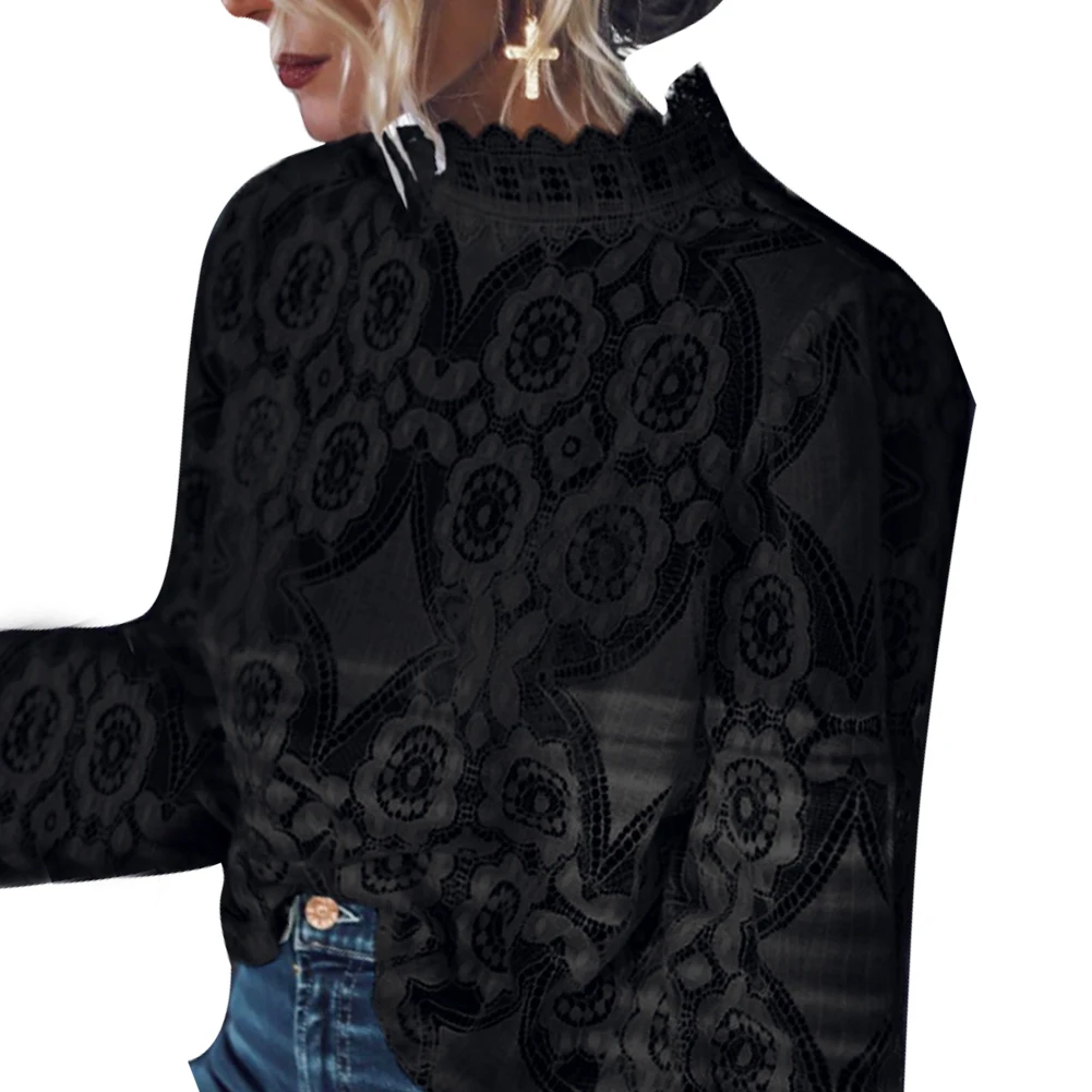 

Sexy Women Autumn Long Sleeve Stand Collar Hollow out See Through Lace Blouse Full Sleeve Casual Hoodies Top