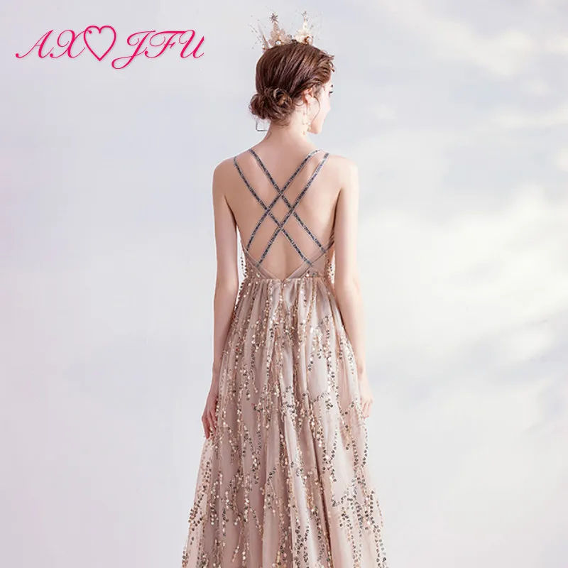 

AXJFU princess golden lace long evening dress luxury beading spaghetti strap illusion party gold star host evening dress 2217