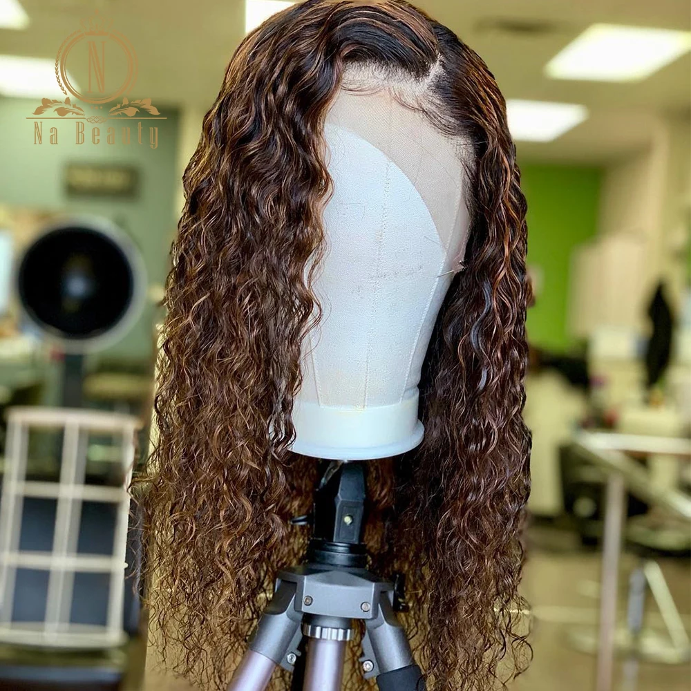 Медовая Блондинка хайлайтер кудрявый парик T часть кружева человеческие волосы