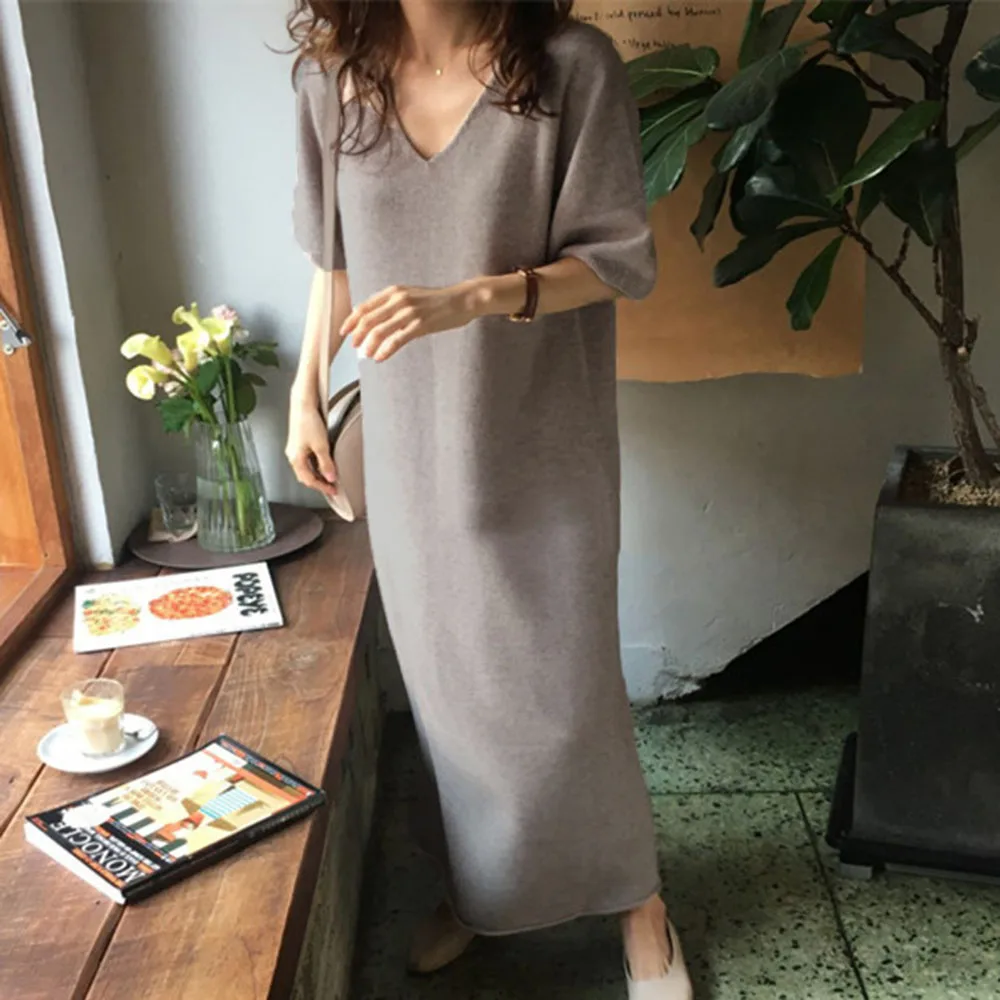 

2021 Spring New Knitted Long Dress Women Over-the-knee Loose Sweater Dress Short-sleeved Straight Maxi Dress With Temperament