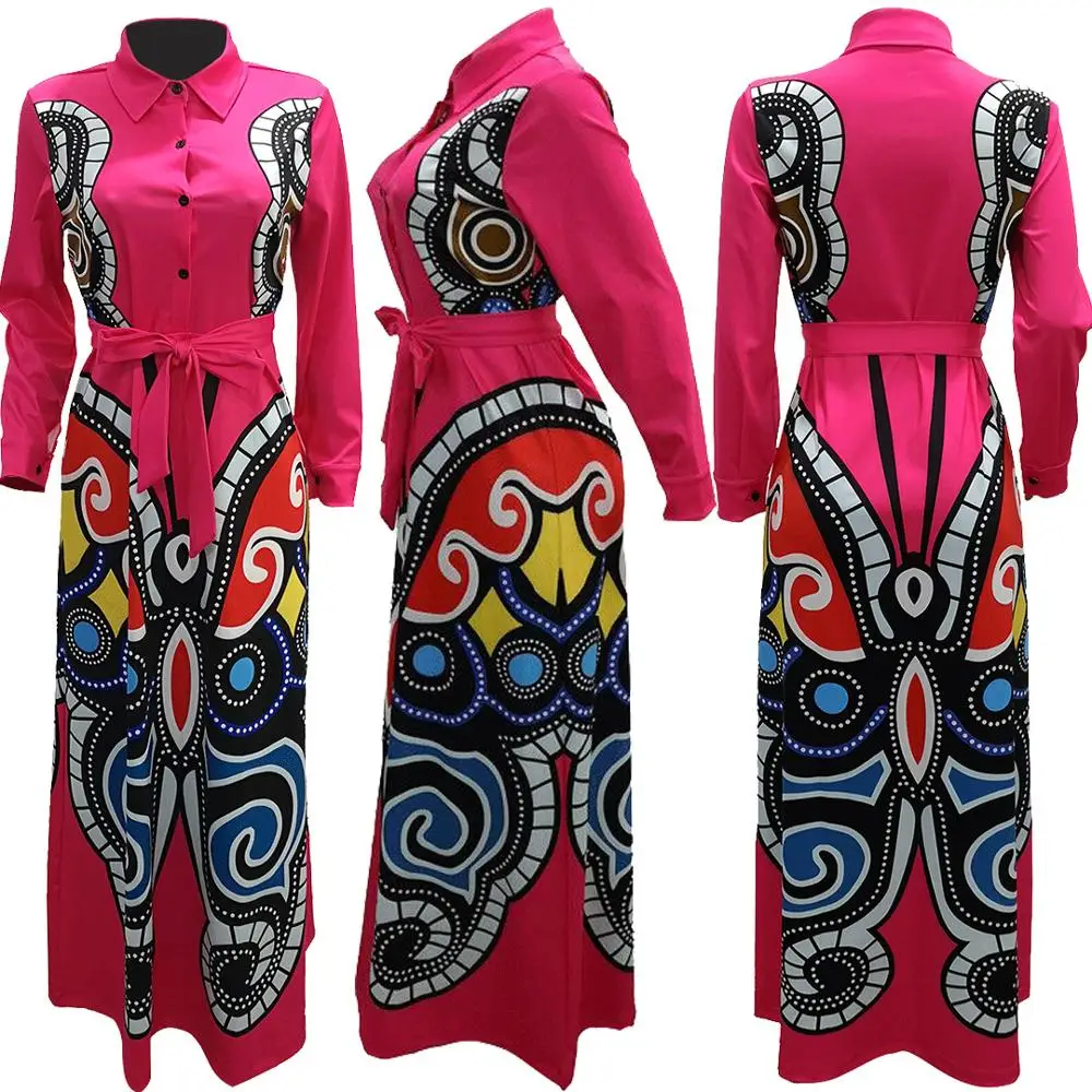 Женское платье рубашка с длинным рукавом длинное черное принтом в африканском