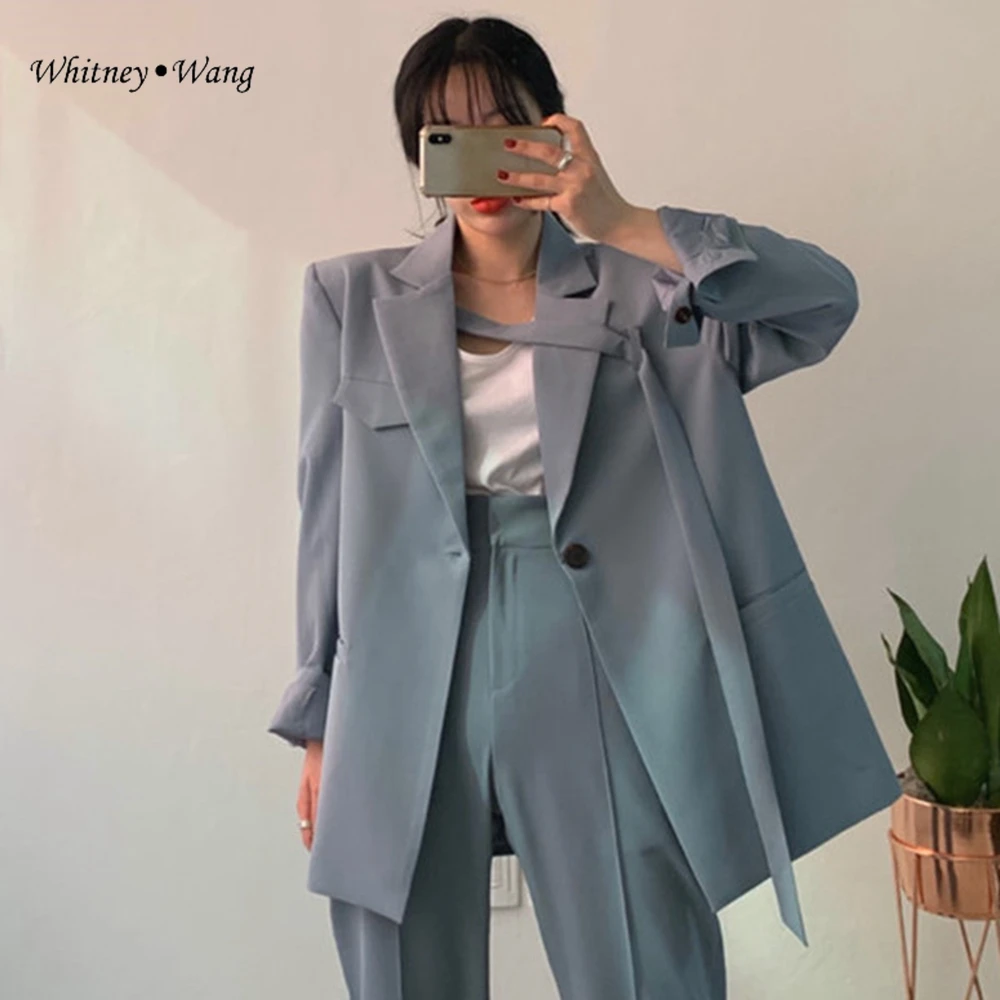 WHITNEY WANG 2019 Осенняя мода уличная корейский стиль Лента Крест оверсайз блейзер