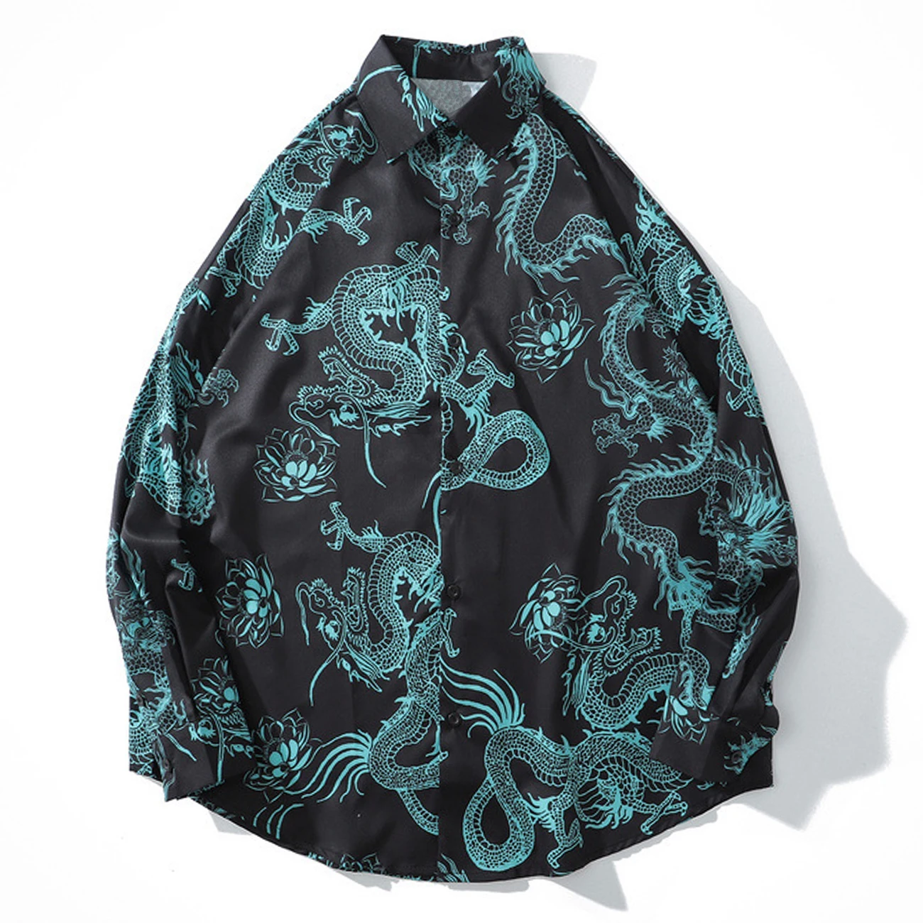 

Vintage Dragon Lotus Print Hawaiian Beach Shirt 2020 Harajuku Streetwear Floral Oversize Long Sleeve Shirt Men Cotton Loose Tops
