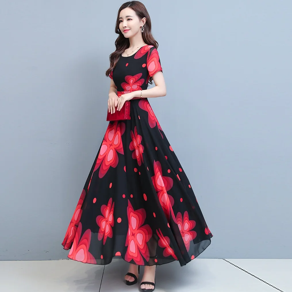 

Black Floral Printing Summer Chiffon Beach Long Dress 2021 New Casual O-neck Short Sleeve A-line Women Maxi Dresses Party Dress