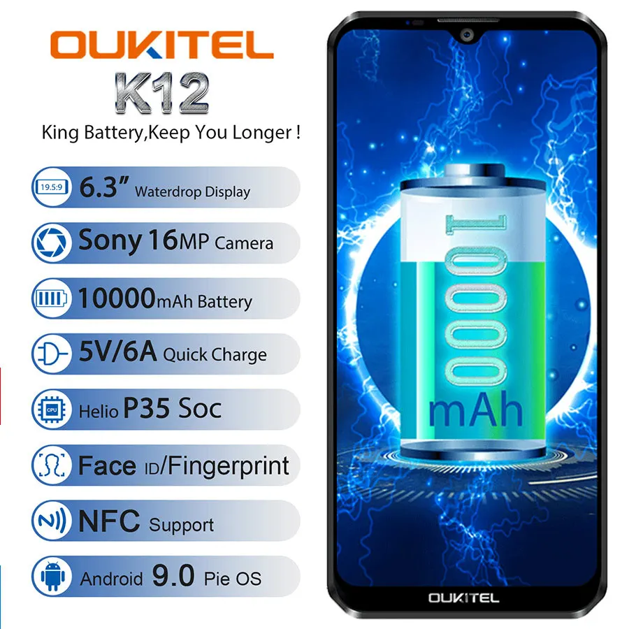 OUKITEL K12 Android 9,0 мобильный телефон 6," 19,5: 9 MTK6765 6G ram 64G rom NFC 10000mAh 5 V/6A Быстрая зарядка отпечатков пальцев Смартфон