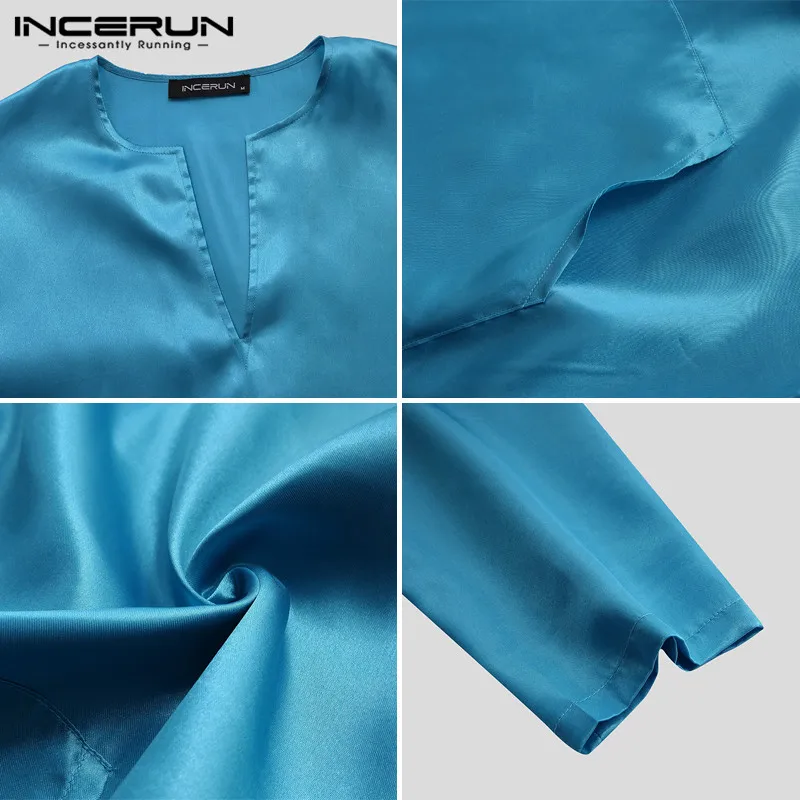 

INCERUN Men Robes Pajamas Solid Long Sleeve V Neck Faux Silk Satin Homewear Pockets Fashion Men Bathrobes Nightgown Plus Size
