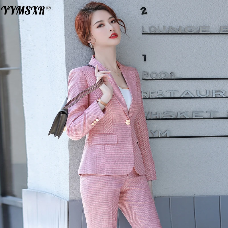 New autumn and winter women's professional overalls Female suit Fashion Plaid Ladies Suit Pants Two-Piece Set Casual trousers
